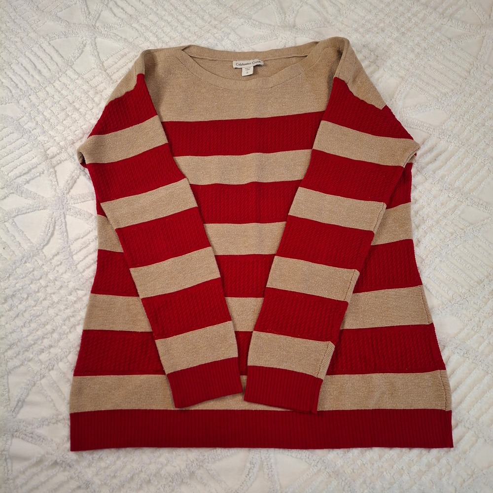 Coldwater Creek Womens Large Sweater Red Tan Striped Textured Cotton Wool Blend
